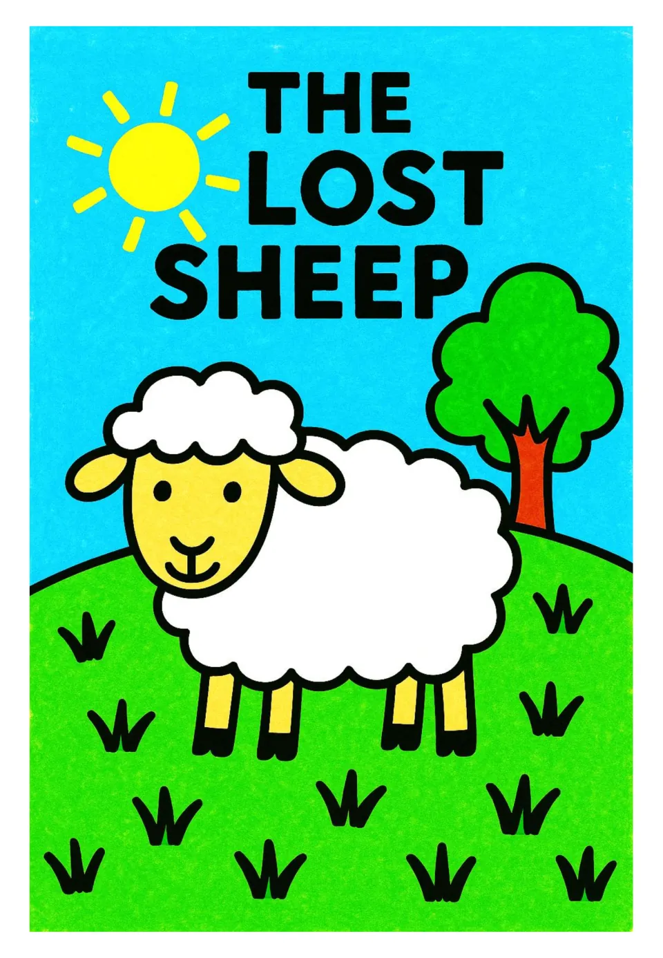 The Lost Sheep poster card: a fluffy white sheep with a smiling face stands alone on a grassy green hill beside a tree