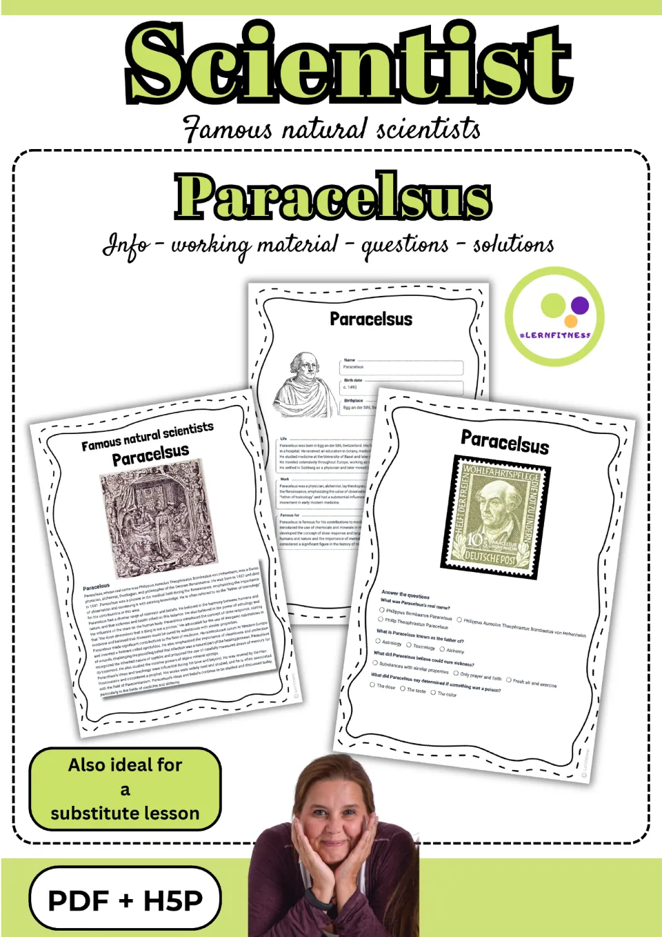 Paracelsus packet cover identifies information, activities, questions, and solutions in PDF and H5P formats.