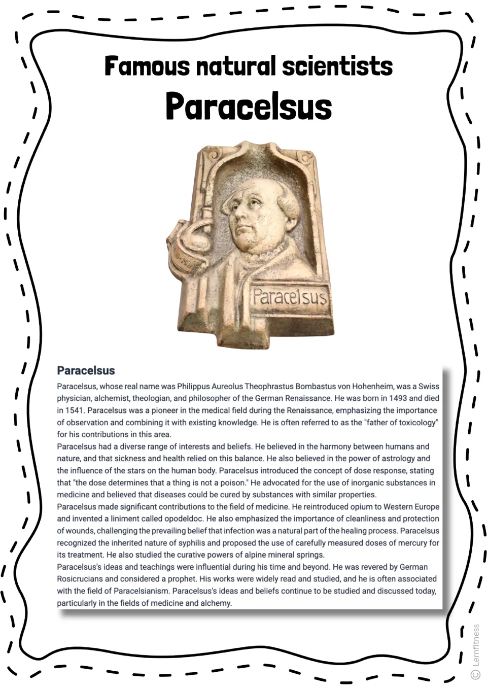 Paracelsus biography reading covers his life, medical ideas, and toxicology, illustrated with a relief portrait.