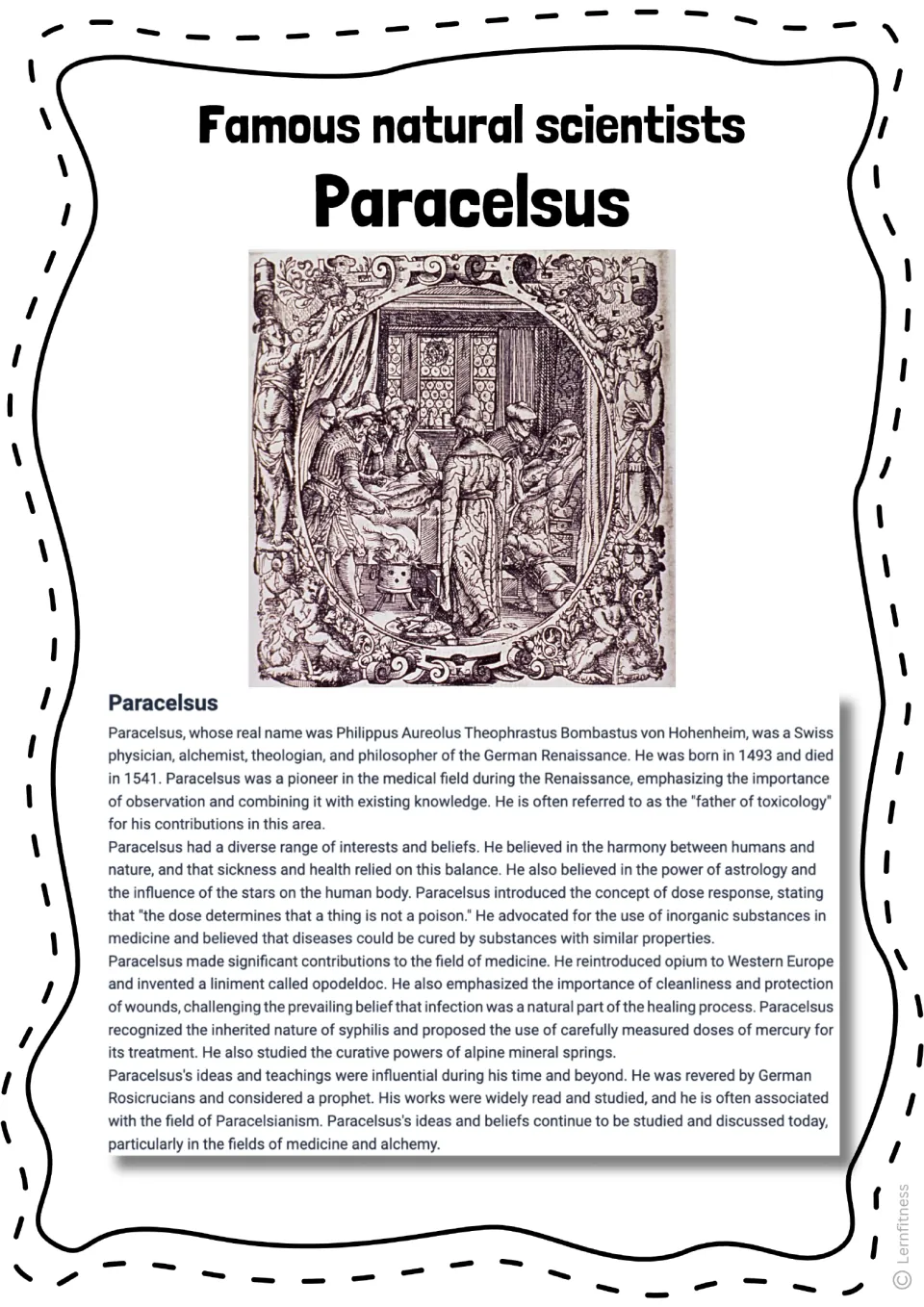 Paracelsus biography reading repeats the text on his life, medicine, and toxicology beneath a historical engraving.