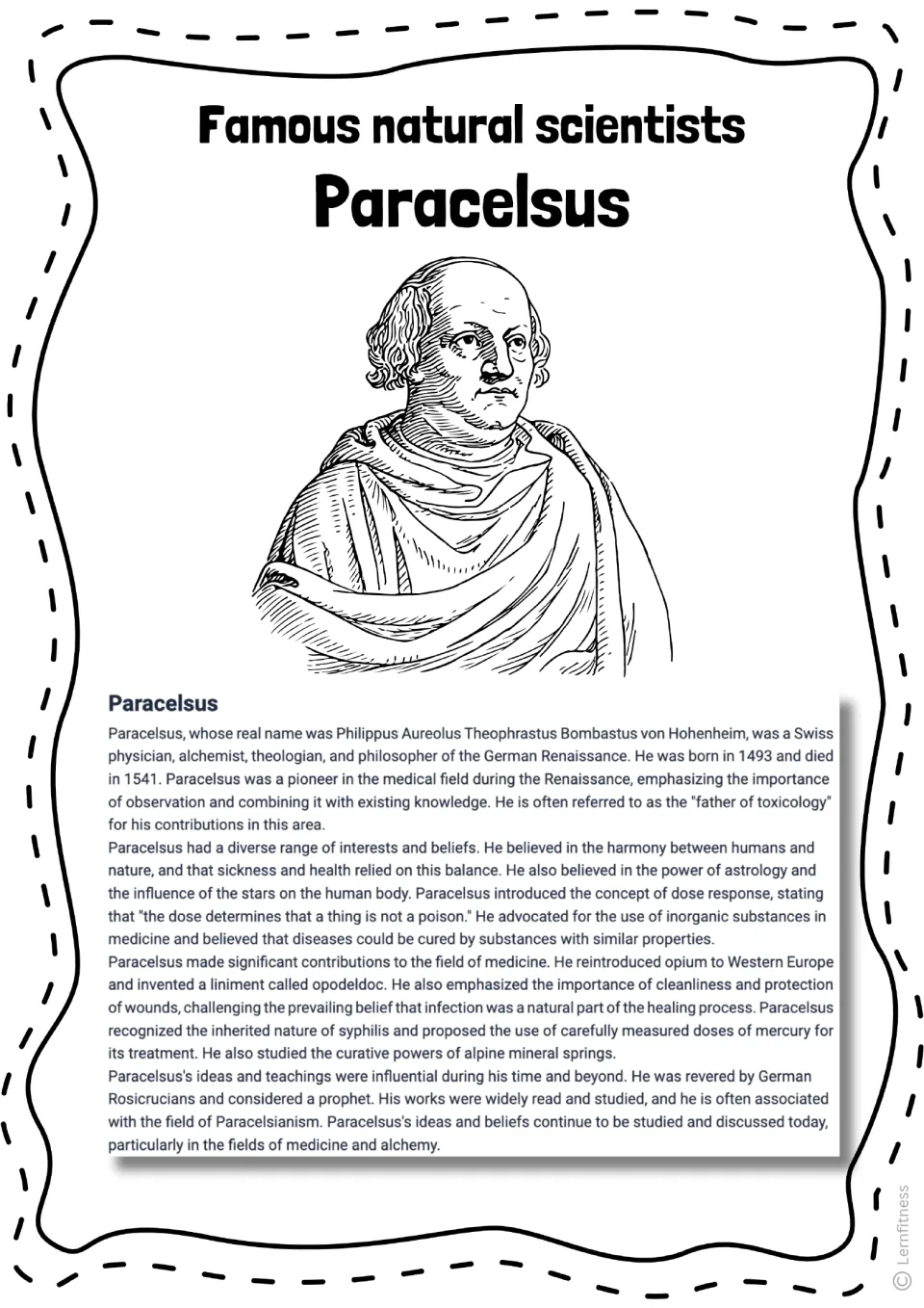 Paracelsus biography reading repeats his life story and medical contributions beneath a drawn portrait.