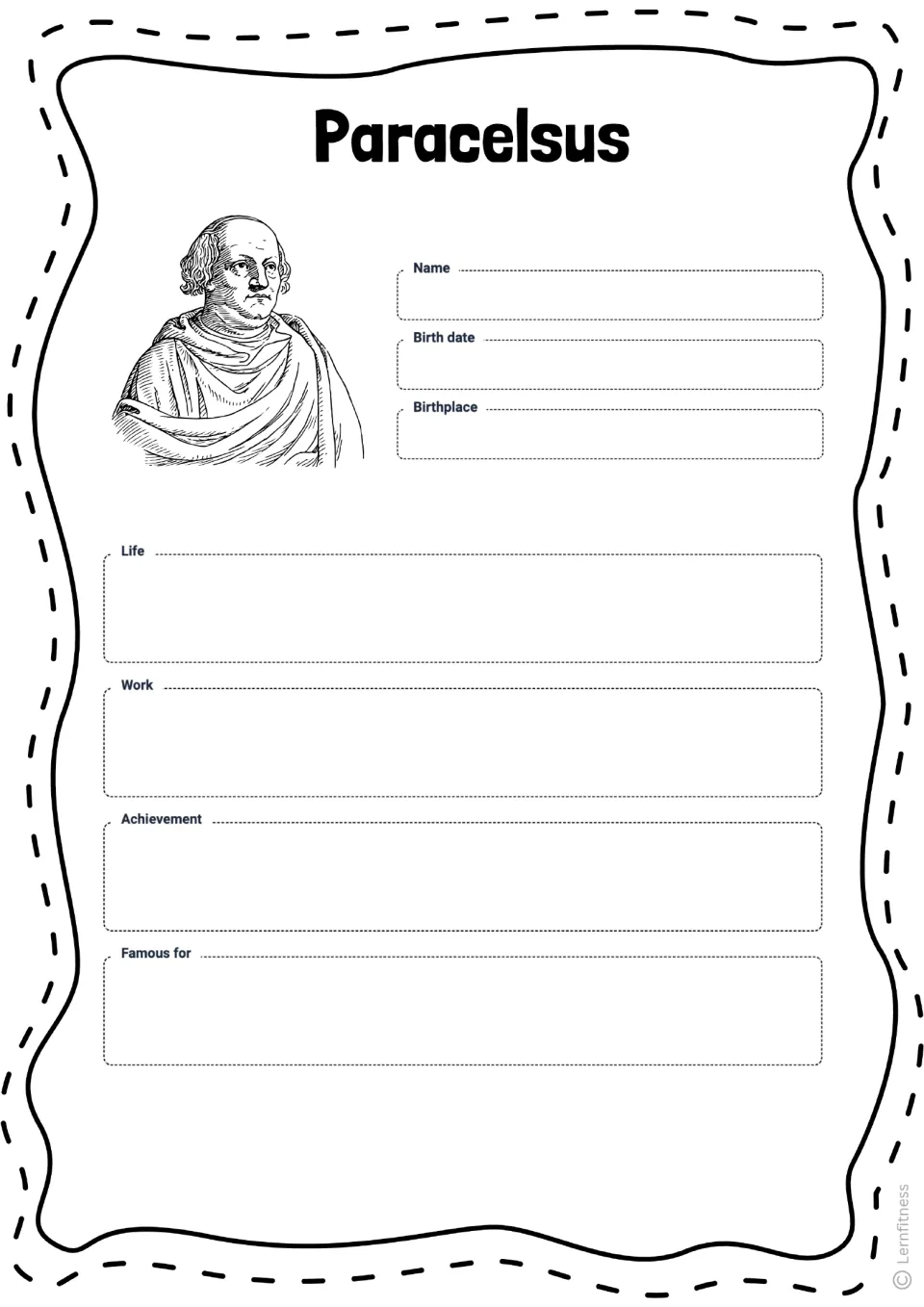 Paracelsus student profile prompts for name, birth date, birthplace, life, work, achievement, and fame.