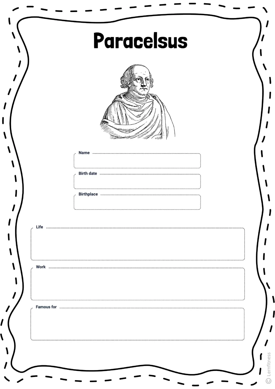 Paracelsus student profile asks for name, birth date, birthplace, life, work, and what he is famous for.