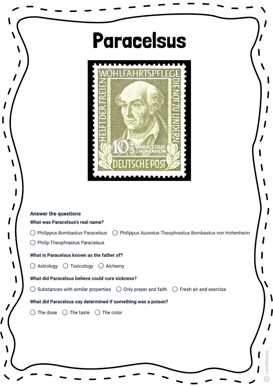 Paracelsus quiz uses a postage stamp portrait and asks four questions about his name, toxicology, cures, and dose.
