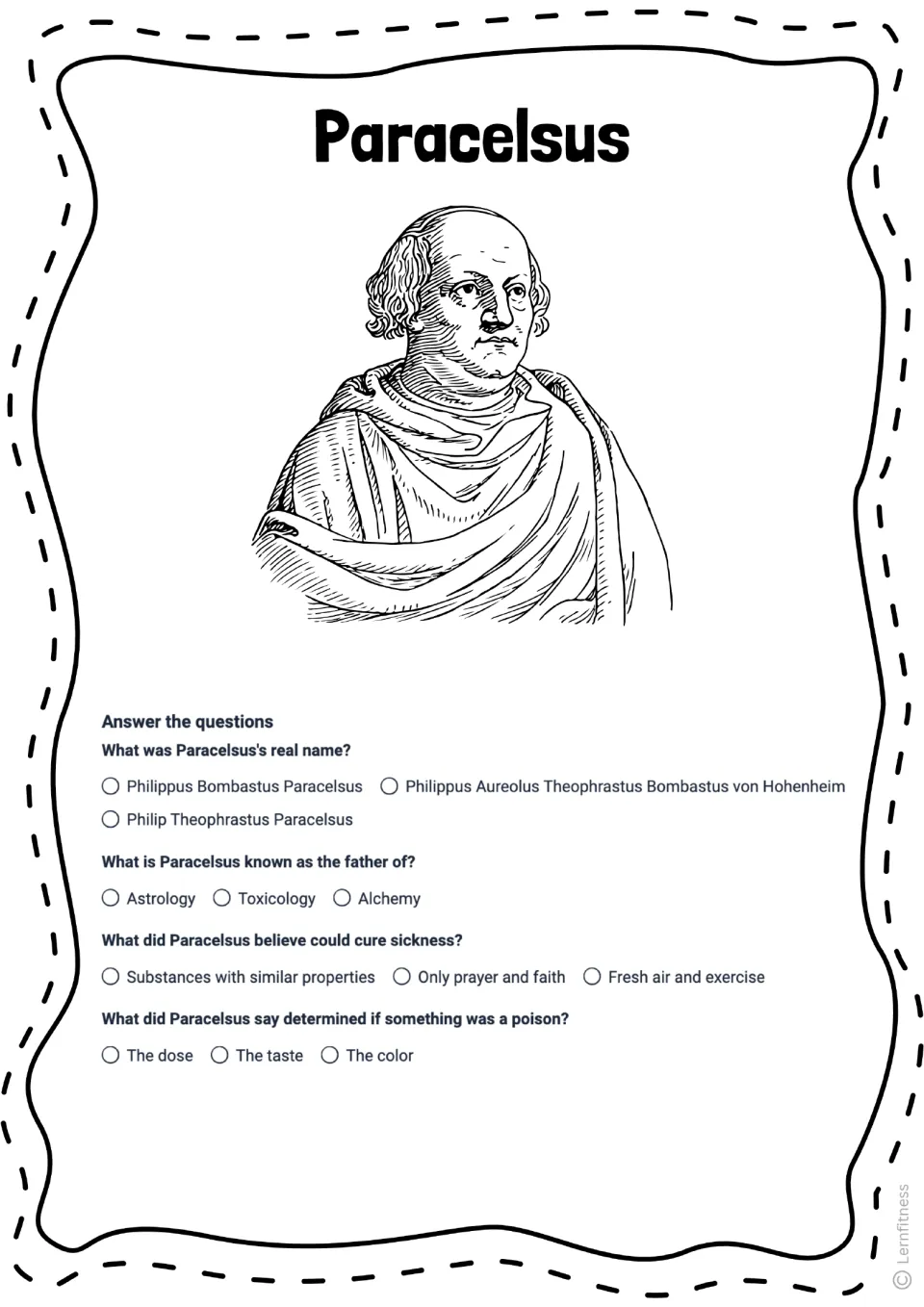 Paracelsus quiz uses a drawn portrait and repeats four questions about his name, toxicology, cures, and dose.