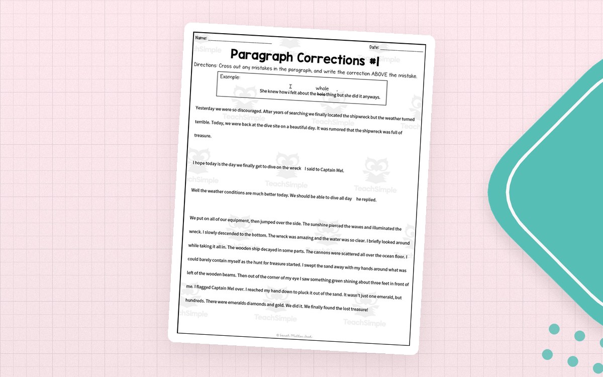 Paragraph Corrections first image showing an editing passage with directions and a corrected example