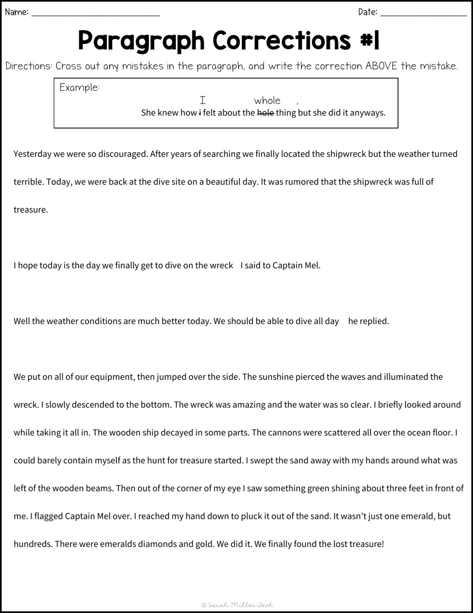 Paragraph Corrections #1: students fix missing commas and quotation marks in a shipwreck treasure-dive story
