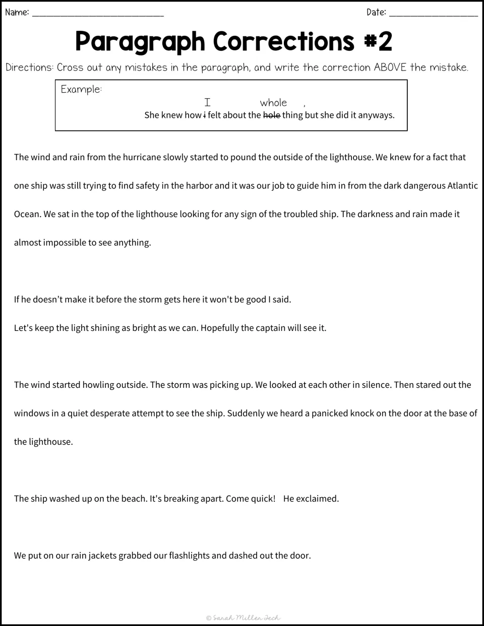 Paragraph Corrections #2: students add missing commas and quotation marks to a lighthouse hurricane rescue story