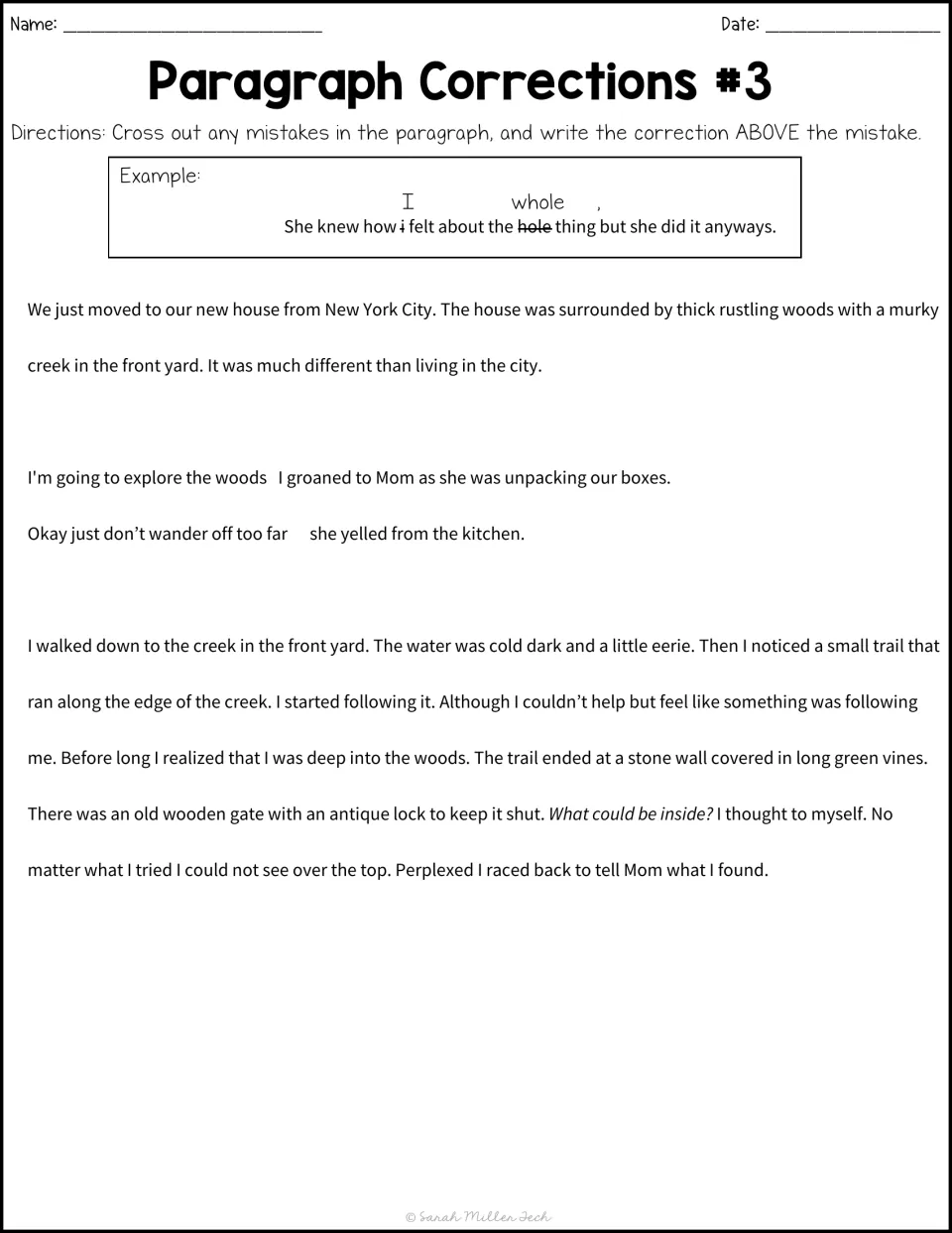 Paragraph Corrections #3: students correct comma and dialogue punctuation errors in a story about exploring the woods
