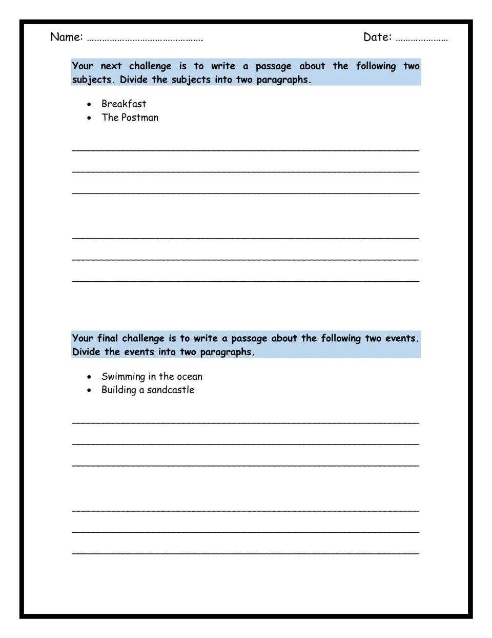 Paragraph writing: students write two paragraphs on breakfast and the postman, then two on ocean swimming and a sandcastle