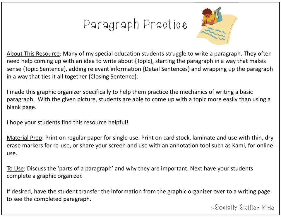 Paragraph Practice teacher notes: about the resource, material prep for print, dry-erase or Kami, and steps to use it