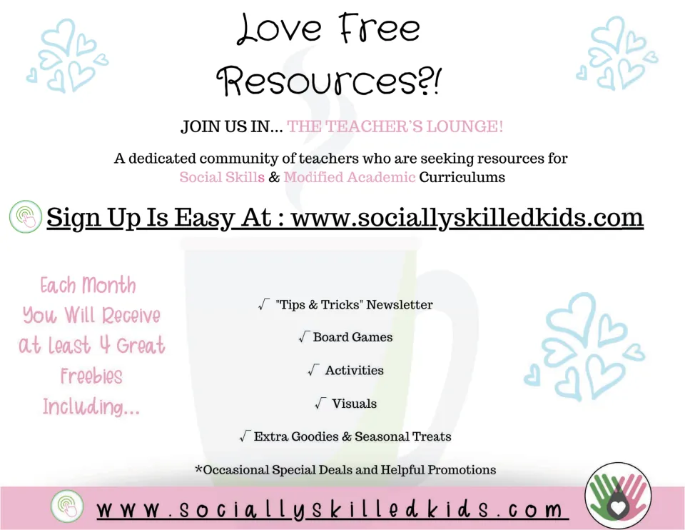 Love Free Resources?! sign-up ad for the Teacher's Lounge listing monthly freebies like a newsletter, games and visuals