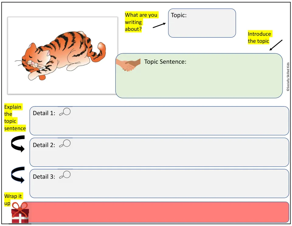 Sleeping tiger-striped cat prompt: students choose a topic, introduce it, add three supporting details and wrap it up