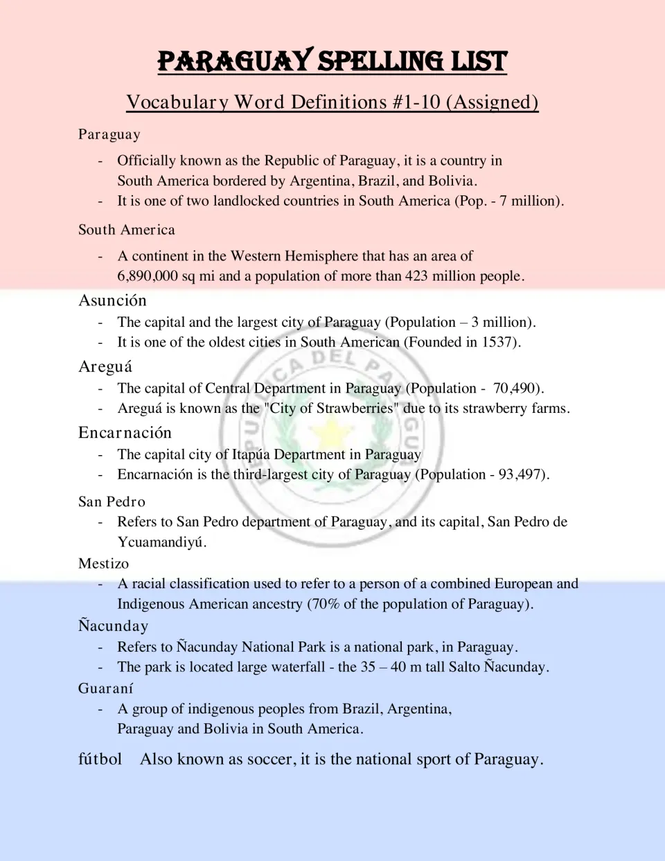 Vocabulary definitions for words 1-10: Paraguay, Asunción, Areguá, Guaraní and more, with population and geography facts