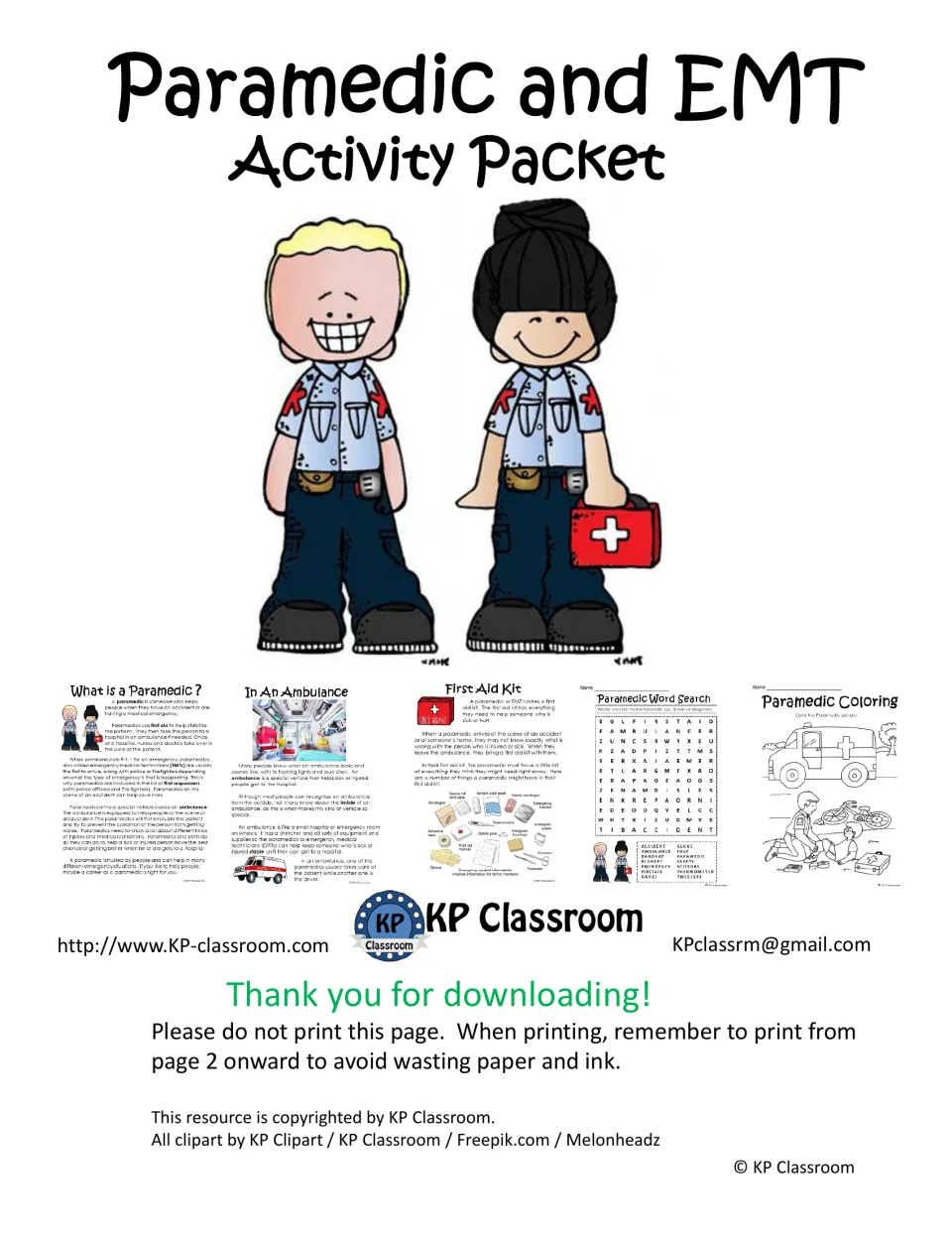 Paramedic and EMT Activity Packet cover: two cartoon paramedics and previews of reading, word search and coloring pages