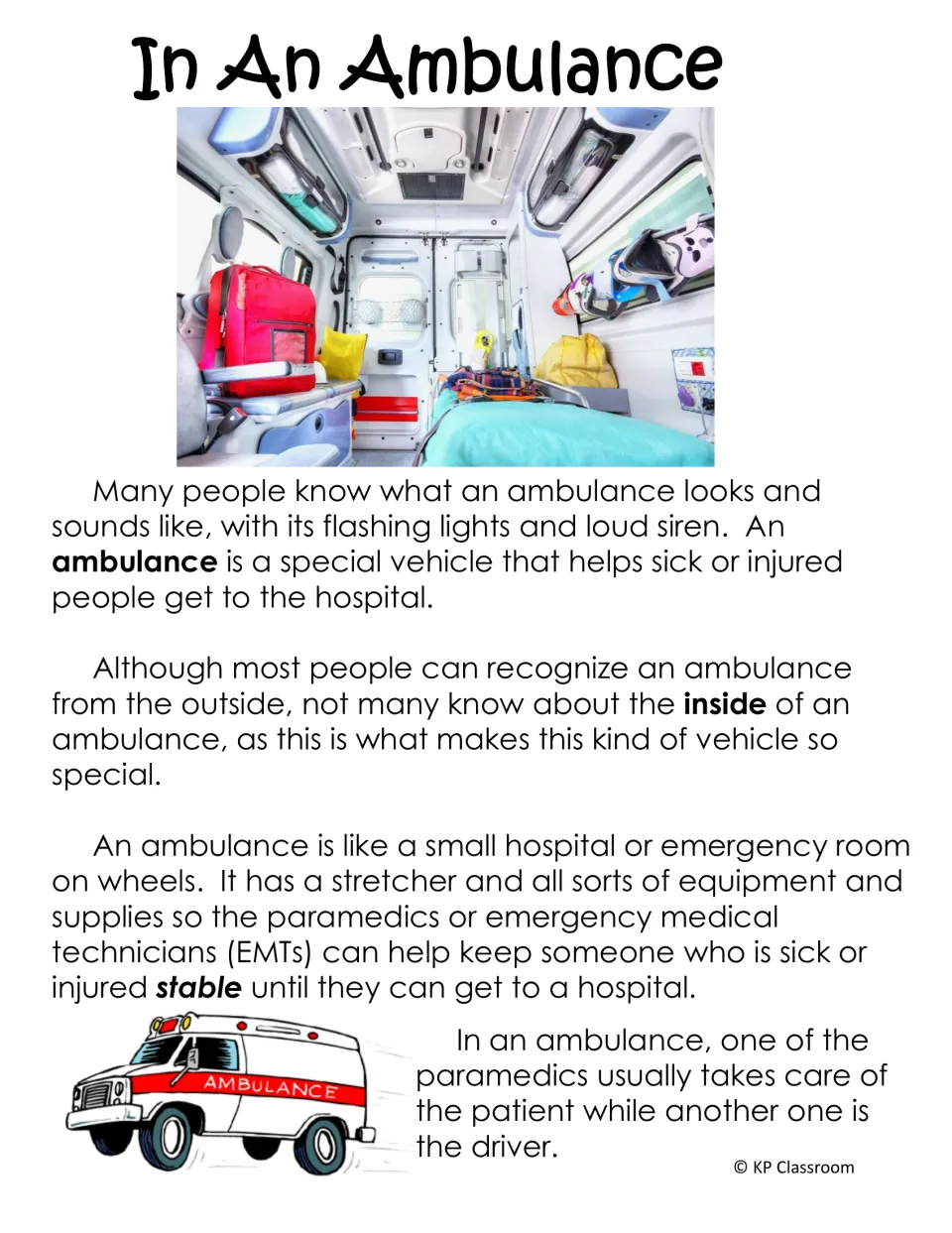 In An Ambulance passage: students read about the stretcher and supplies inside, shown in an interior photo