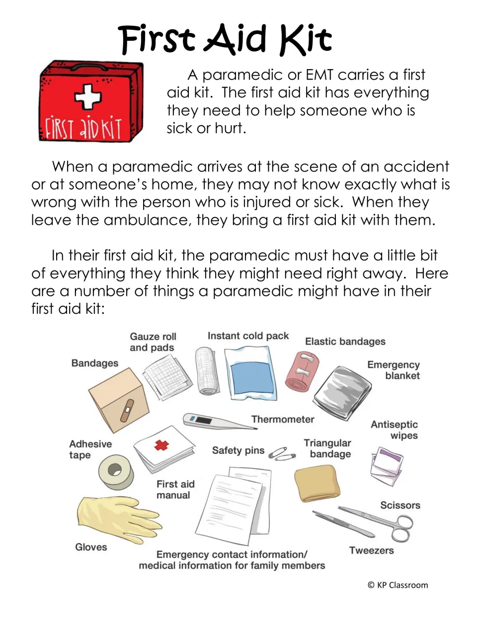 First Aid Kit passage: students read why EMTs carry a kit and view labeled items like gauze, cold pack, gloves and scissors