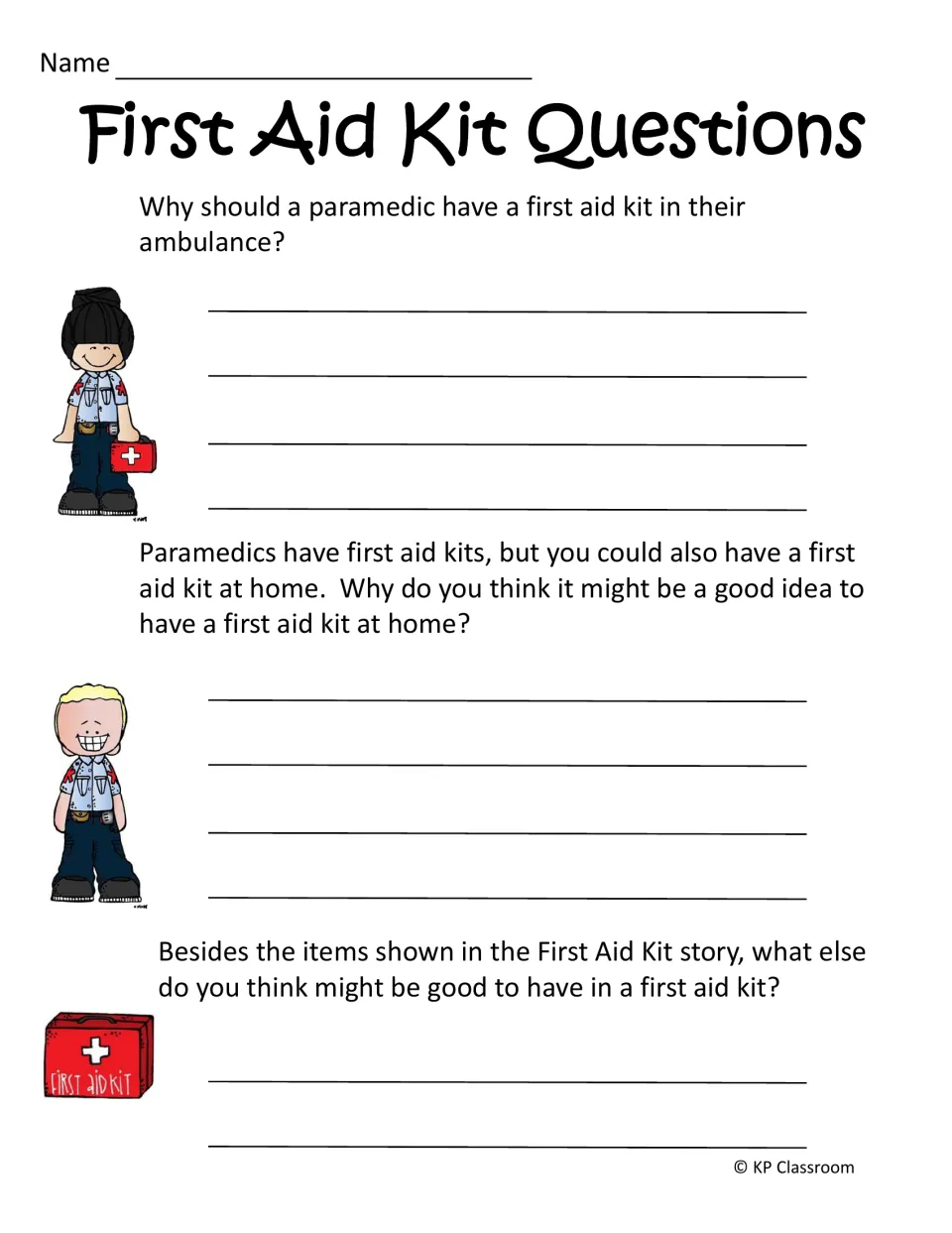 First Aid Kit Questions: students write why paramedics carry a kit, why homes need one and what else they would add