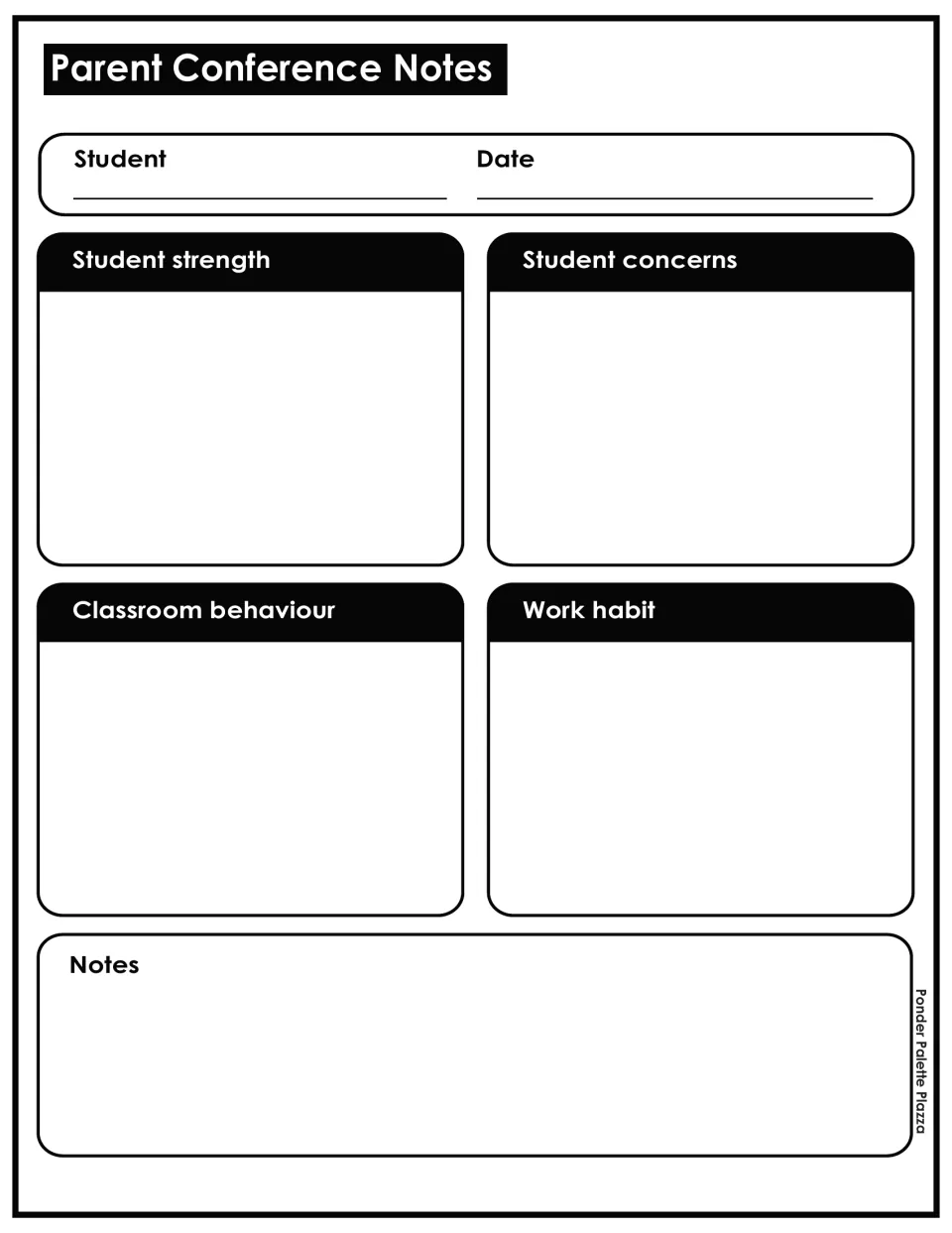 Parent Conference Notes sheet: teacher records student name, date, strengths, concerns, classroom behaviour and work habits