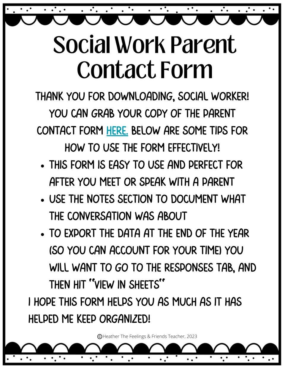 Social Work Parent Contact Form tips: link to the Google Form, using Notes after parent talks, exporting via View in Sheets