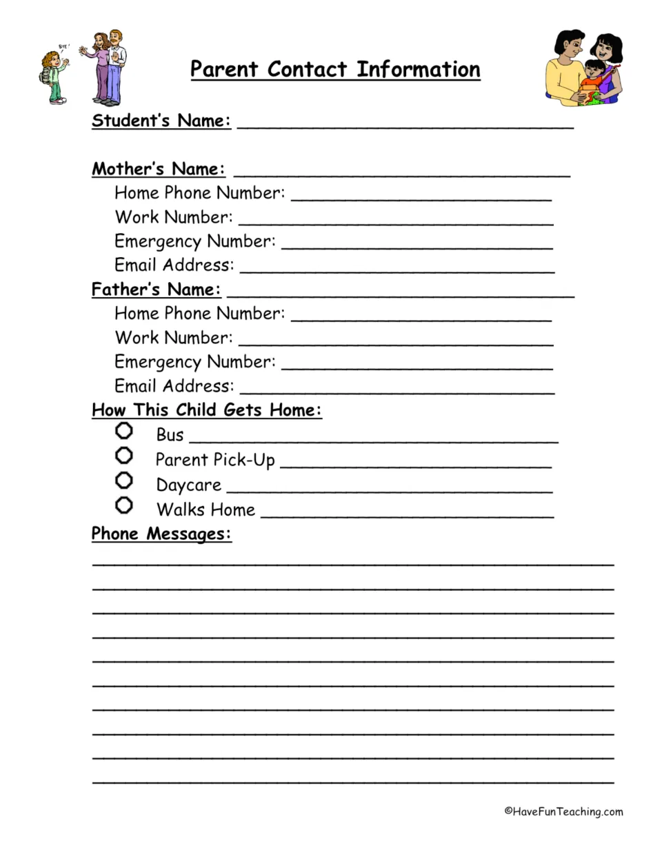 Parent contact form: families fill in mother's and father's phones and email, how the child gets home, and phone messages