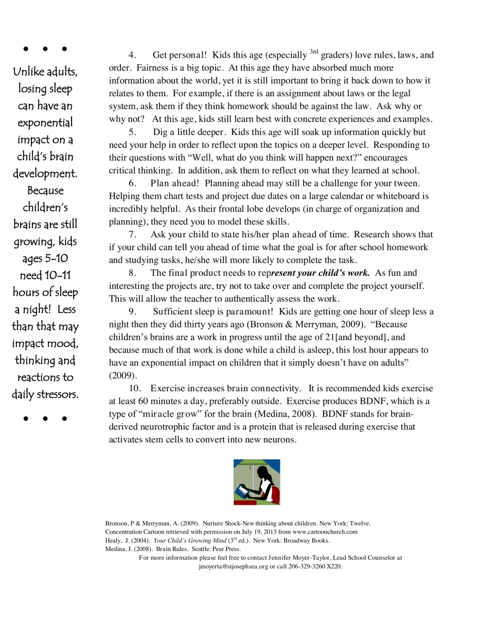 Homework tips 4-10 for parents: real-life links, planning ahead, kid-owned projects, sleep and exercise, with references