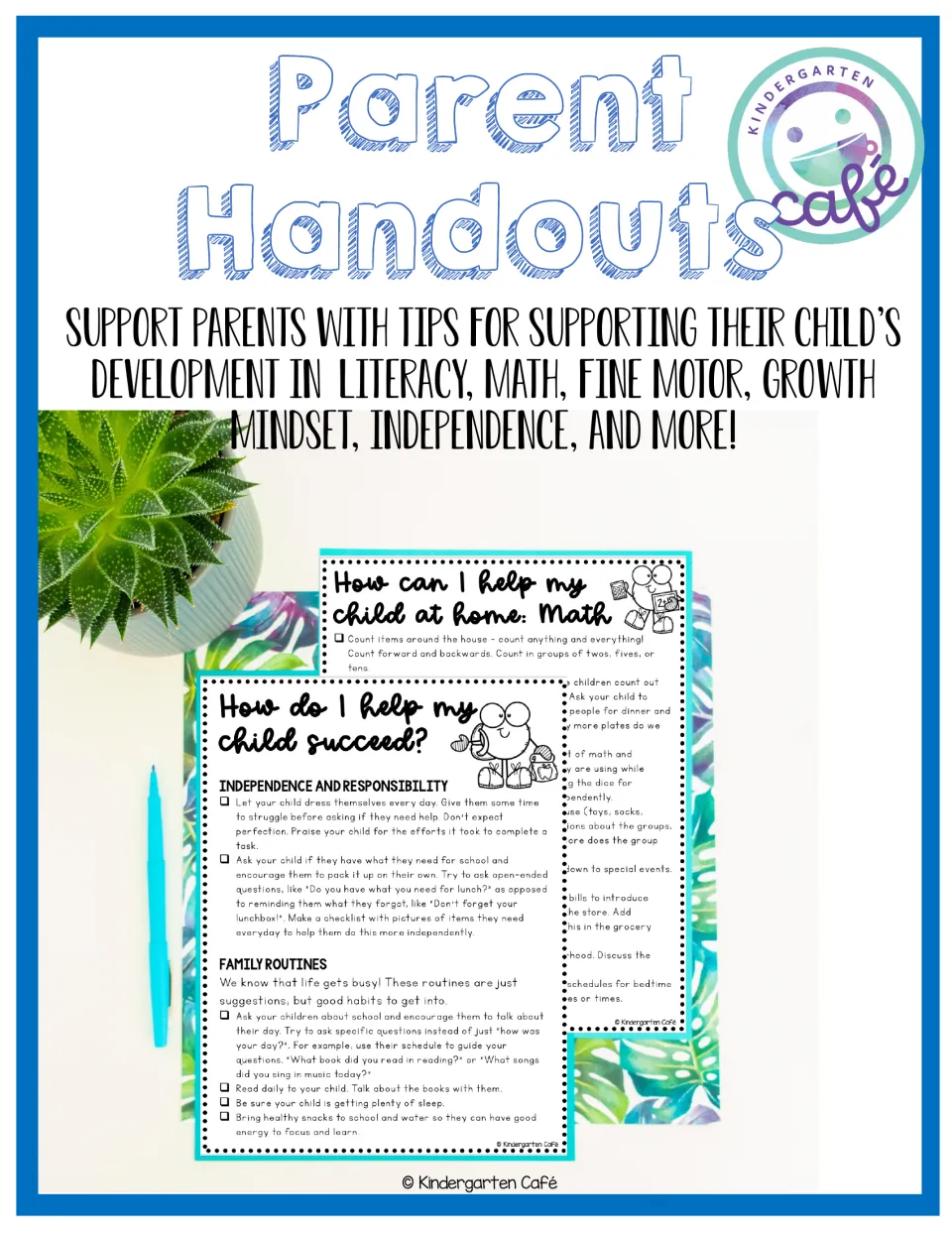 Parent handout cover introducing support for literacy, math, fine motor skills, mindset, and independence