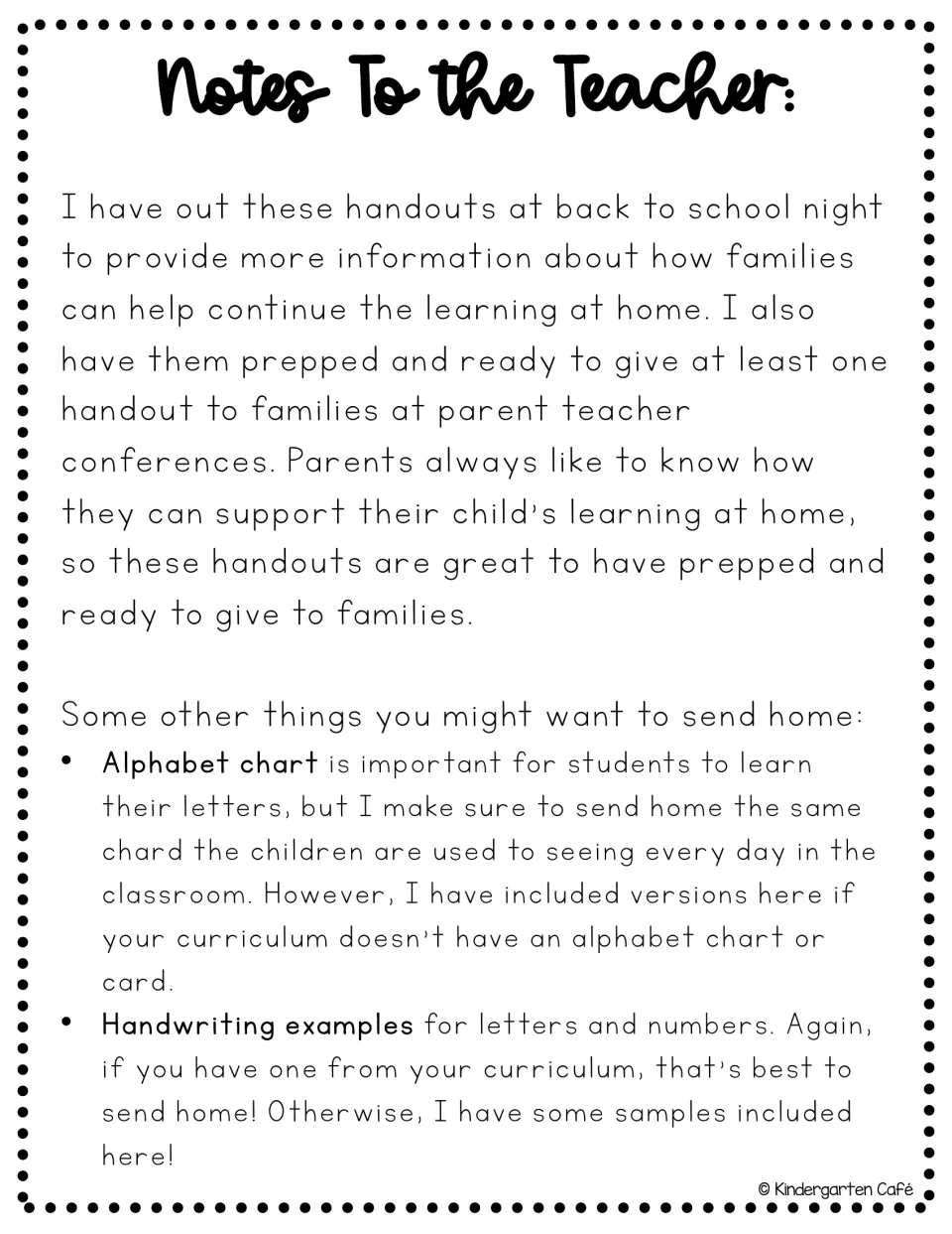 Teacher notes explain sharing handouts at back-to-school night and conferences, plus alphabet and writing aids