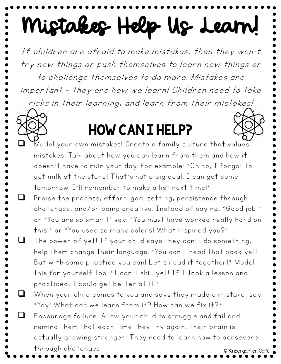 Growth mindset handout encourages modeling mistakes, praising effort, using “yet,” and learning from errors