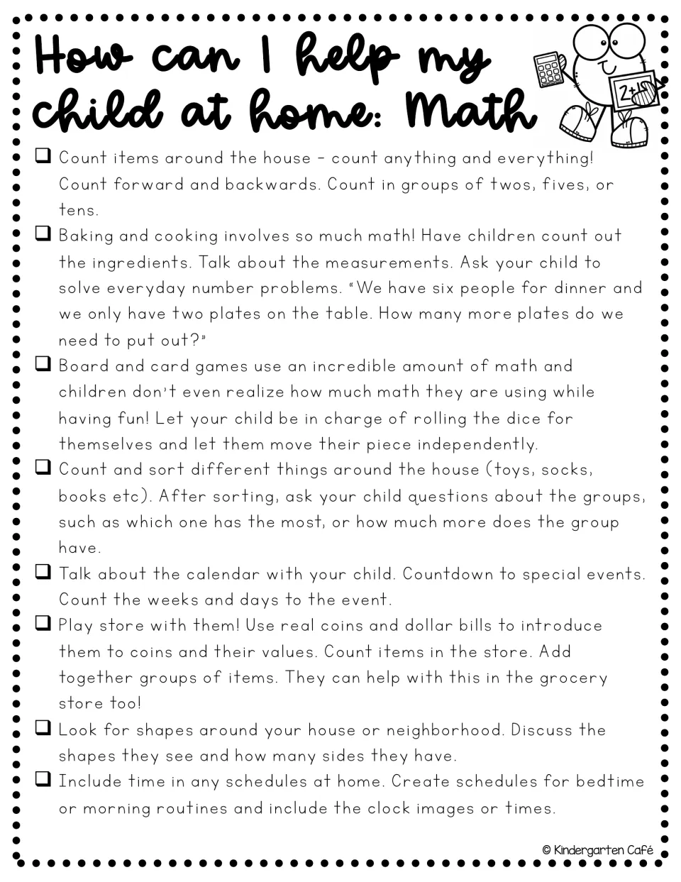 Math parent handout gives eight tips using counting, cooking, games, sorting, calendars, money, shapes, and time