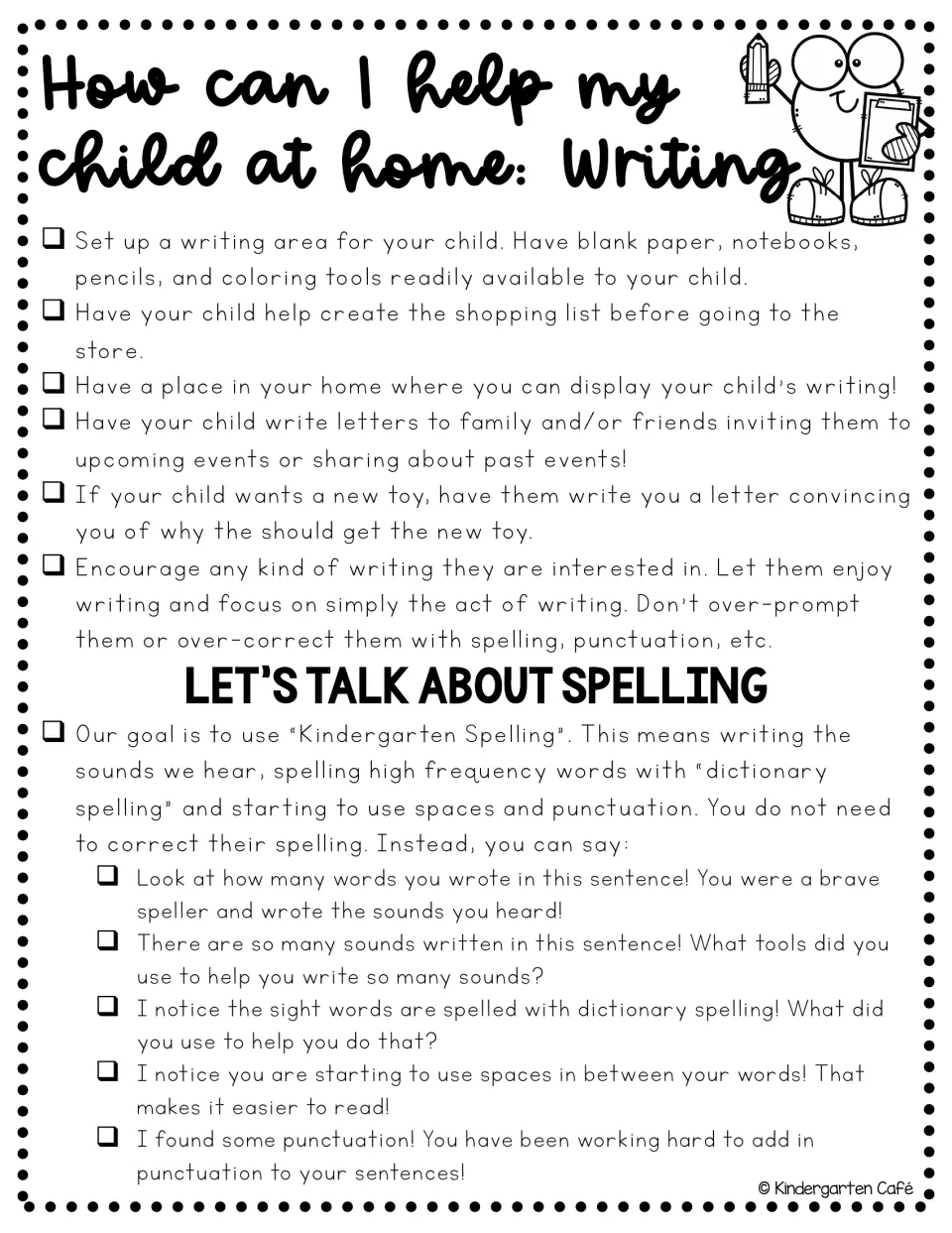 Writing parent handout suggests shopping lists, letters, and a writing area, plus responses to early spelling