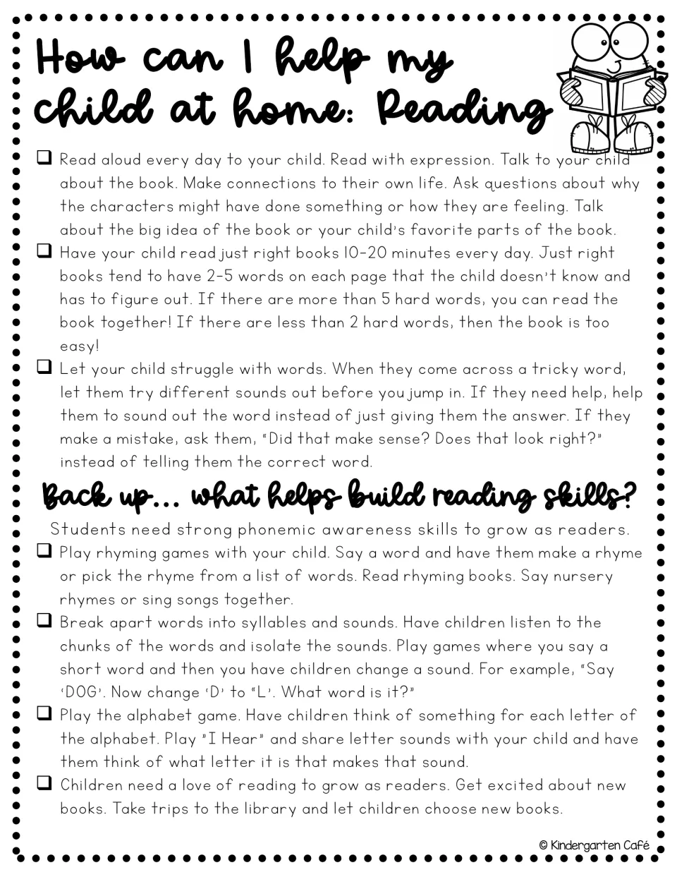 Reading parent handout covers daily reading, help with tricky words, rhyming, syllables, and letter sounds