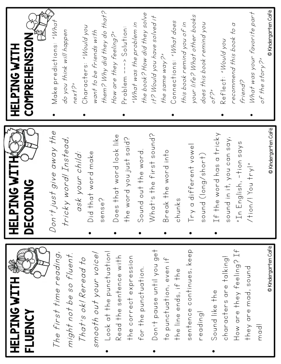 Three reading-support strips give parents prompts for fluency, decoding words, and understanding stories