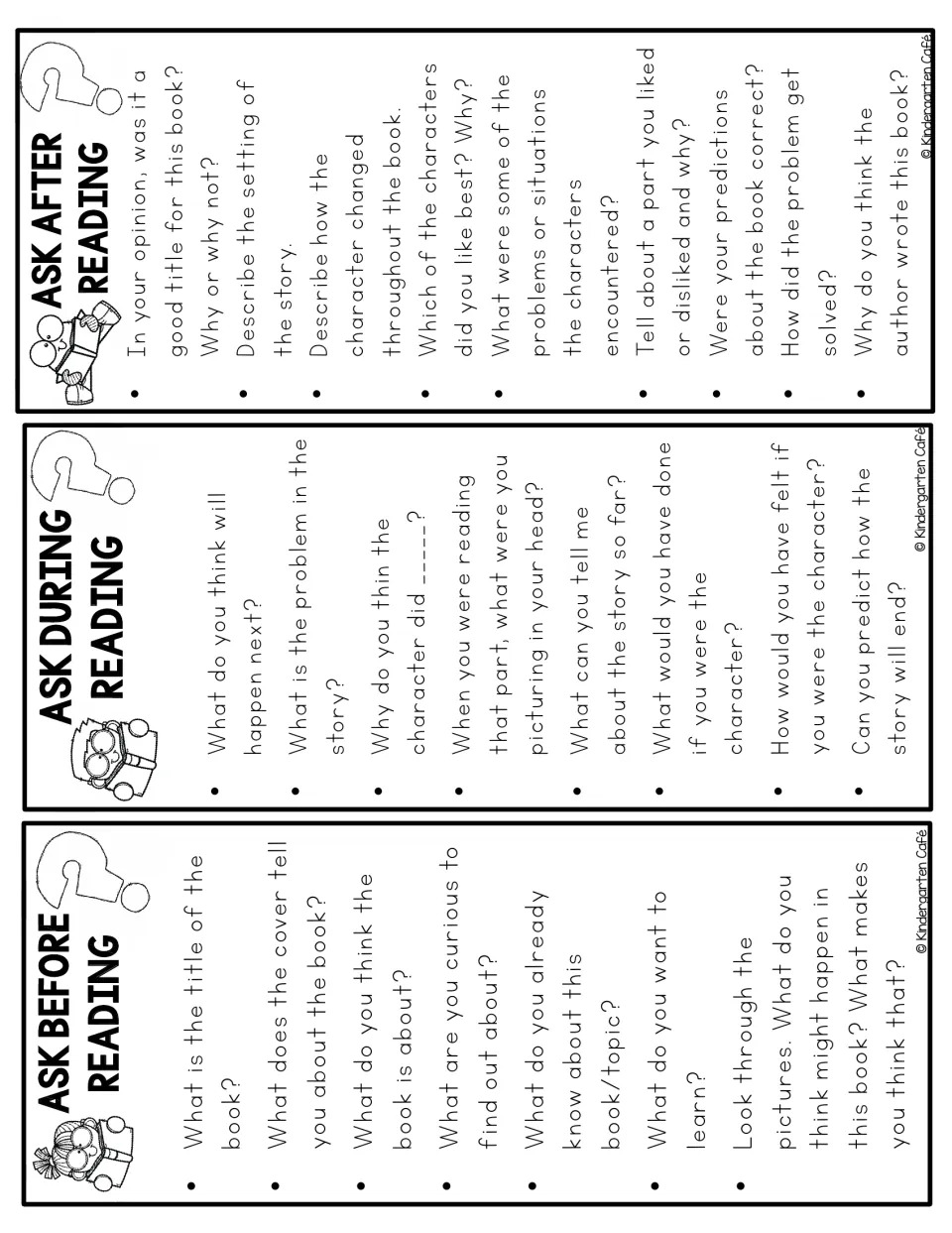 Three reading-question strips provide prompts to ask before, during, and after reading a book together