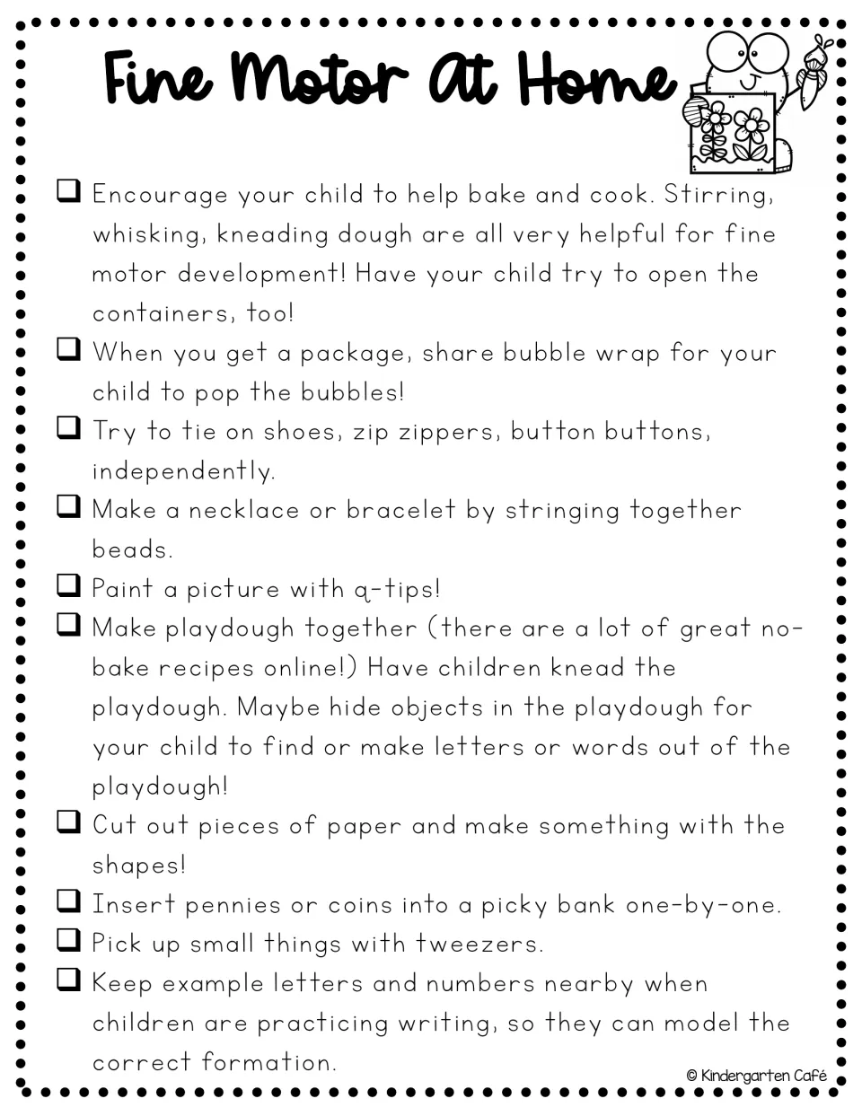 Fine motor parent handout lists ten home activities, including cooking, stringing beads, and using tweezers