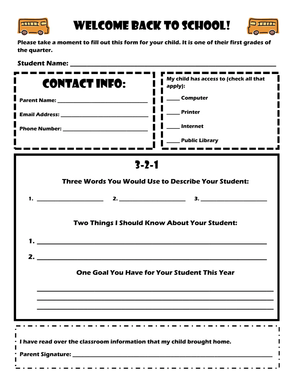 Welcome back to school parent form: contact info, home tech access, then 3 words, 2 things and 1 goal for their child