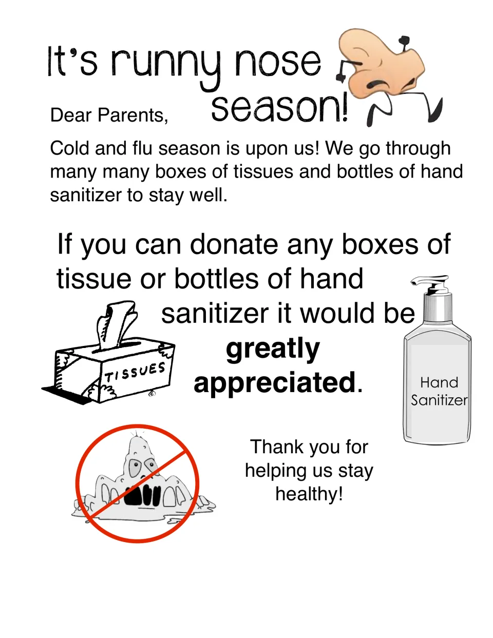 Parent letter for cold and flu season asking families to donate boxes of tissues and bottles of hand sanitizer.