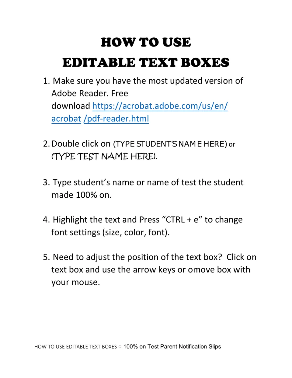 Editing instructions for notification slips: enter student and test names and adjust text in Adobe Reader
