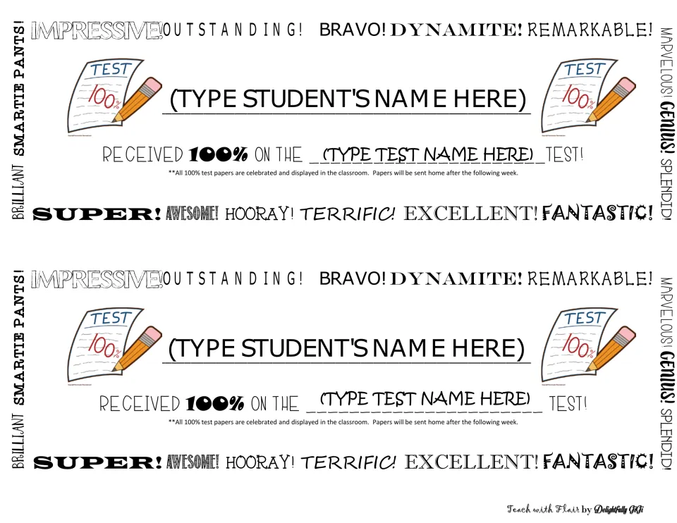 Two English parent notification slips stating a student received 100% on a test, with editable name fields