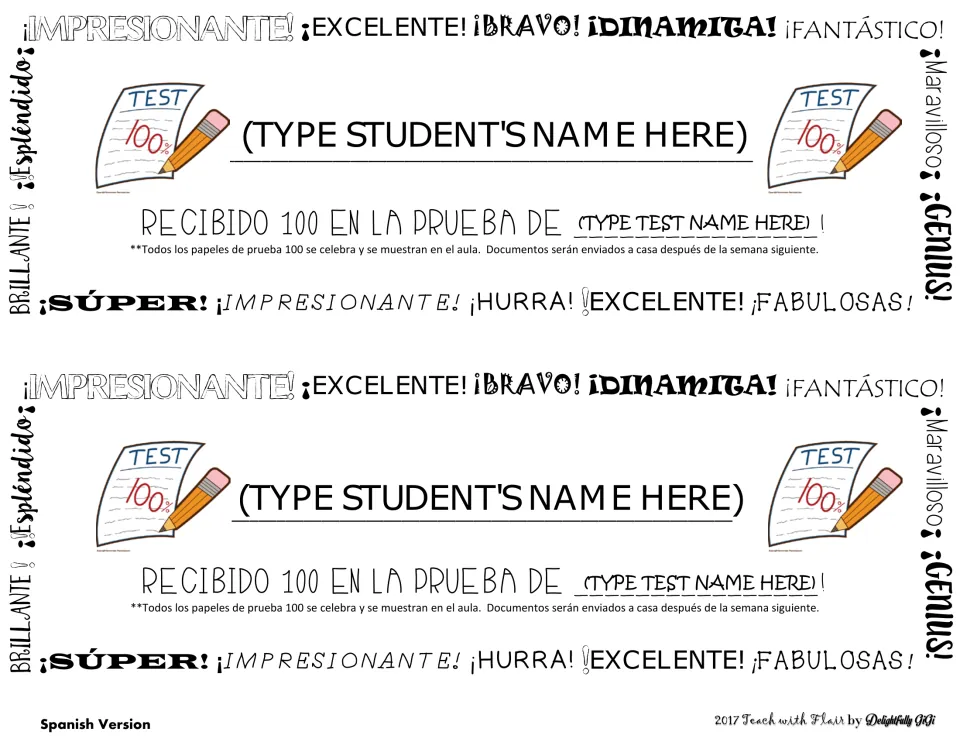 Two Spanish parent notification slips reporting a score of 100 on a test, with student and test name fields