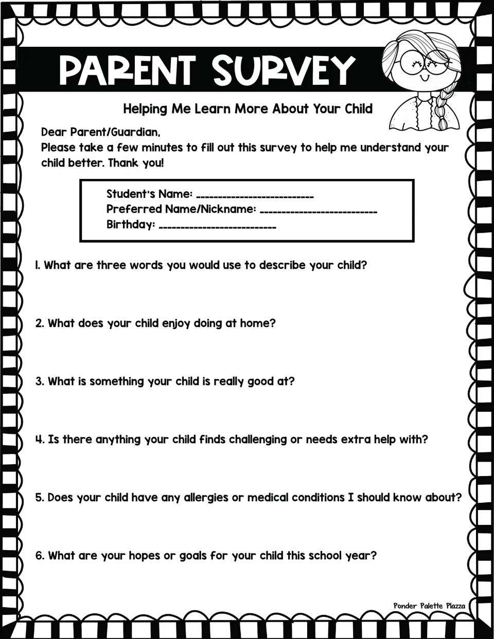 Parent survey, part 1: parents give their child's name and birthday, then describe strengths, challenges and allergies