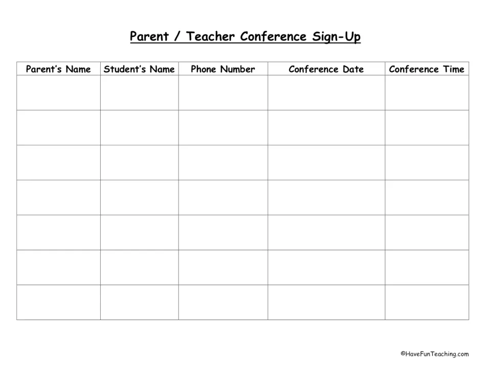 Conference sign-up sheet for seven families: parent and student names, phone number, conference date and time.