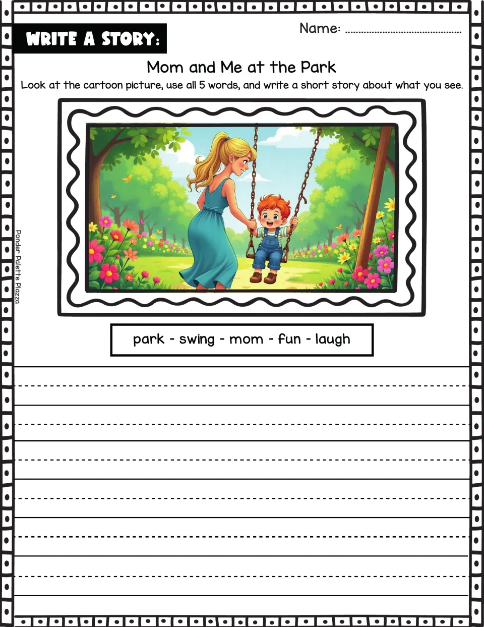 Picture-prompt story: students write about a mom pushing her son on a swing, using park, swing, mom, fun and laugh