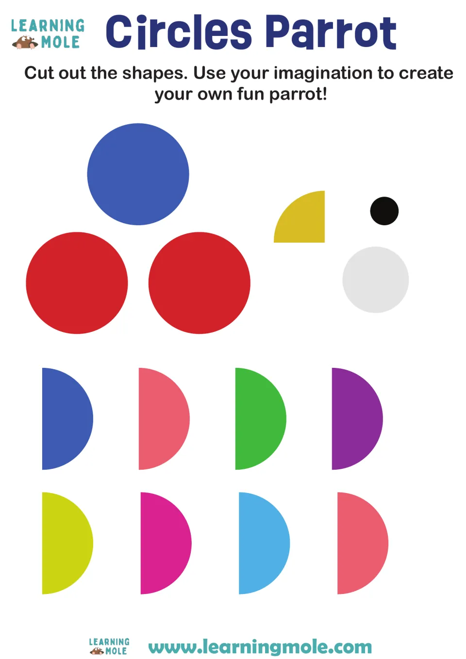 Circles Parrot craft: students cut out colored circles, half-circles and a yellow quarter-circle to build their own parrot