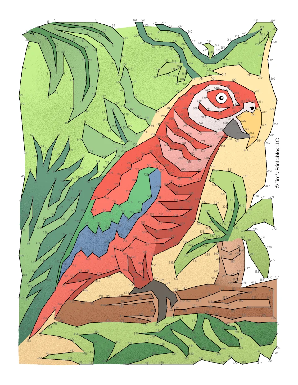 Colored version of the completed picture: a red parrot with green and blue wings on a brown branch in green foliage