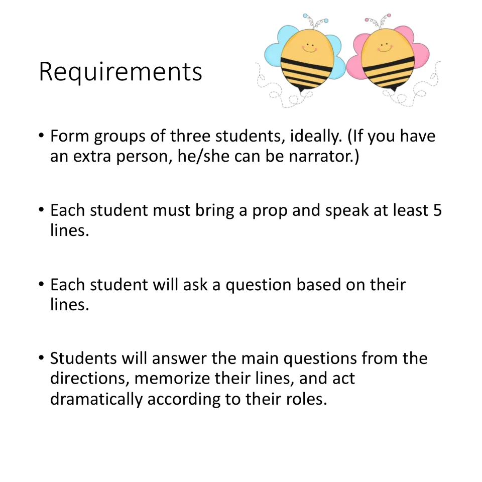 Role-play requirements: groups of three, a prop and at least five lines per student, and memorized acting.
