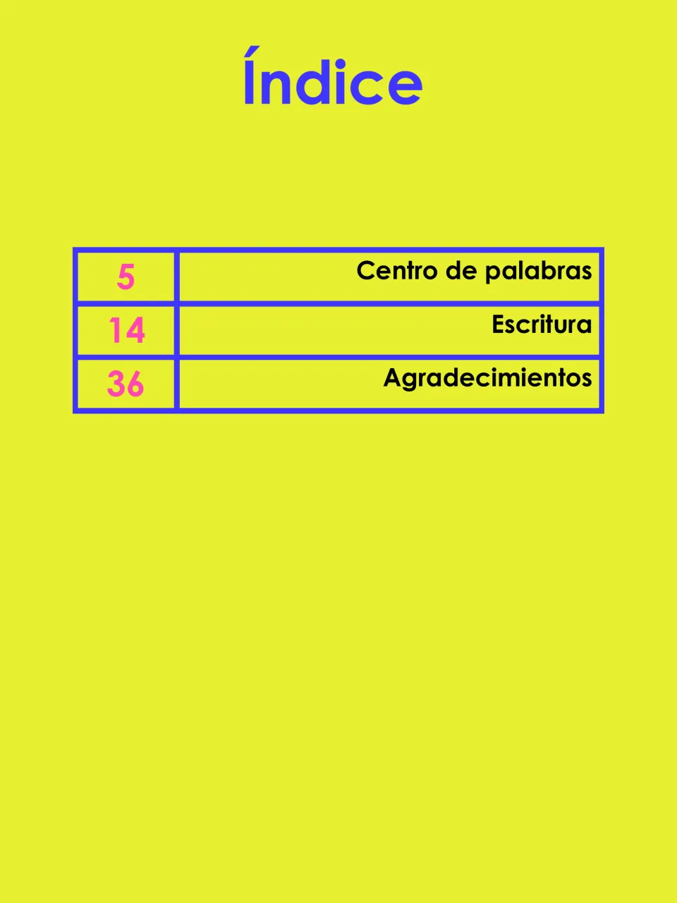 Índice (contents): Centro de palabras on page 5, Escritura on page 14 and Agradecimientos on page 36
