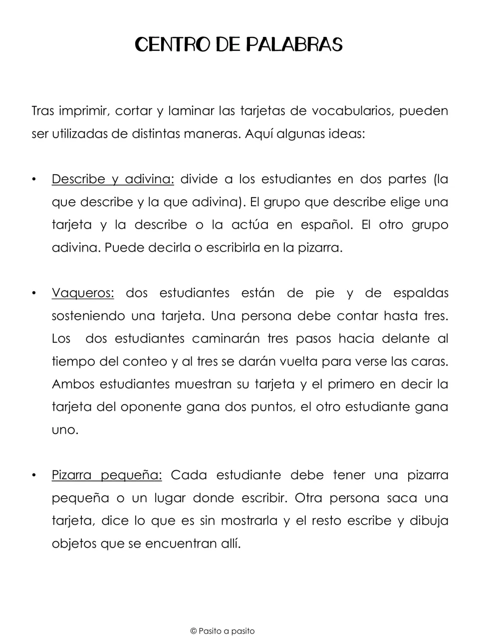 Centro de palabras teacher notes in Spanish: card game ideas Describe y adivina, Vaqueros and Pizarra pequeña