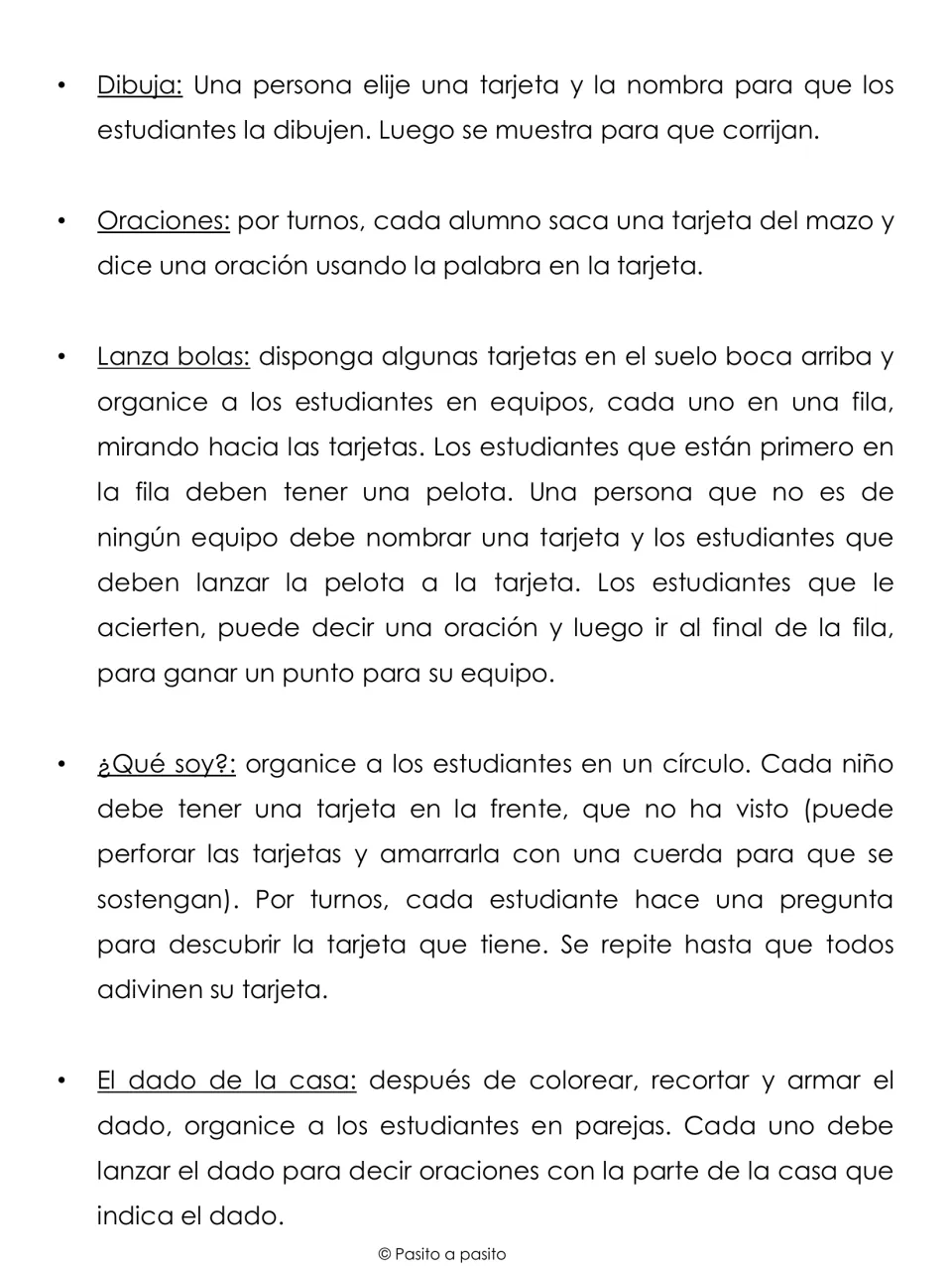 More vocabulary card games in Spanish: Dibuja, Oraciones, Lanza bolas, ¿Qué soy? and a house dice sentence game
