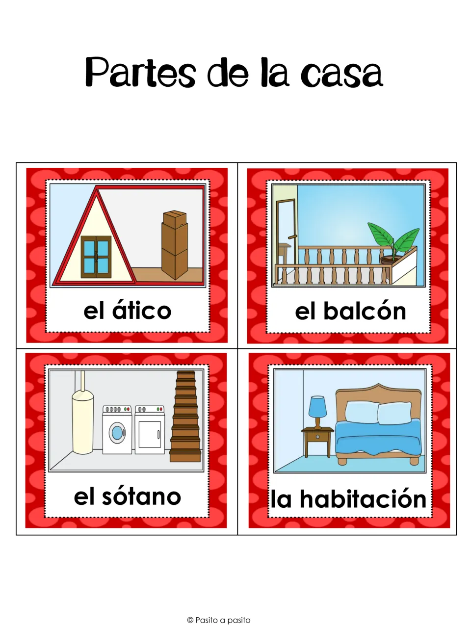 House parts picture cards labeled el ático, el balcón, el sótano and la habitación for Spanish vocabulary